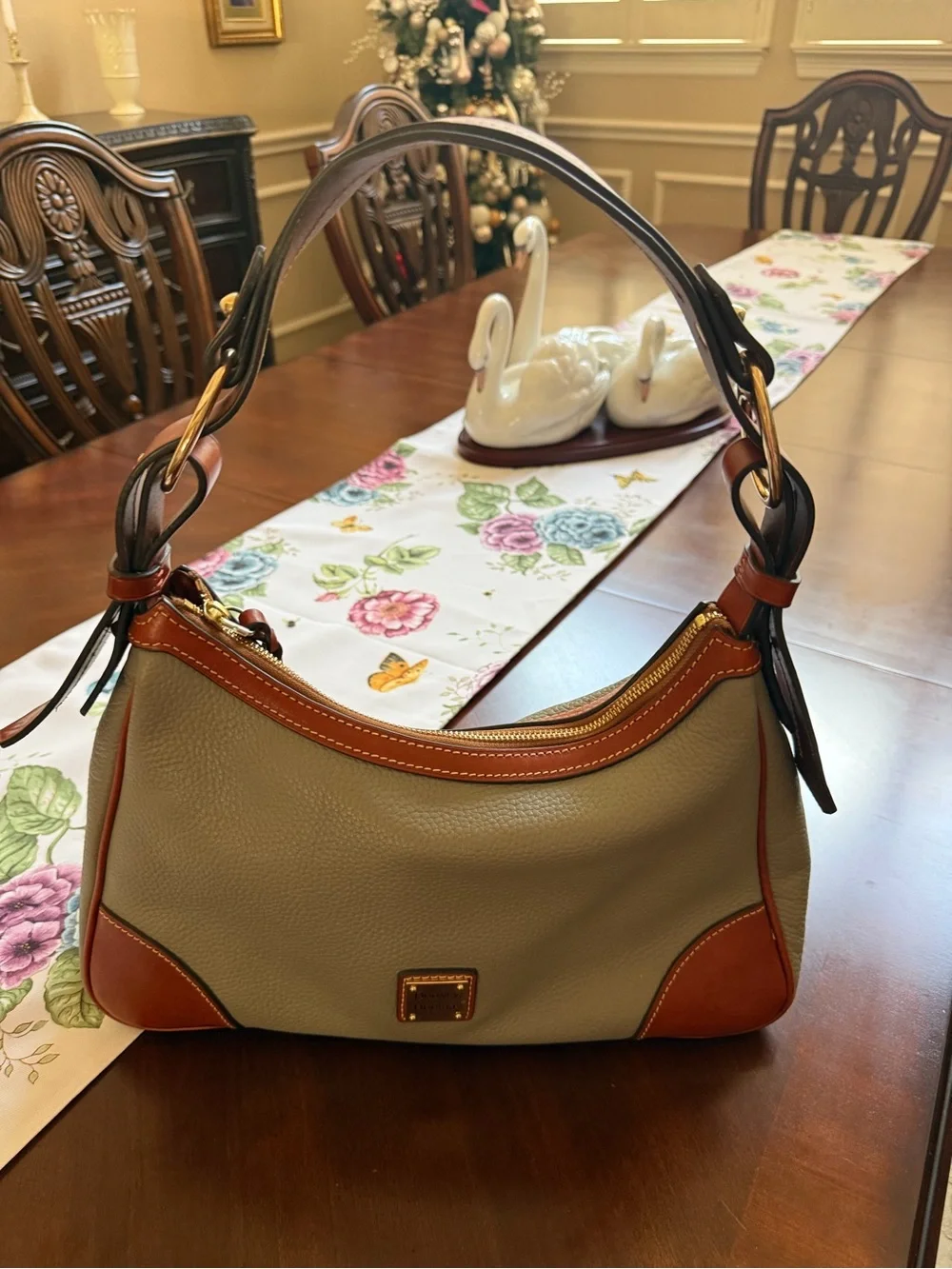 Dooney & Bourke Taupe and Brown Pebbled Leather Shoulder Bag